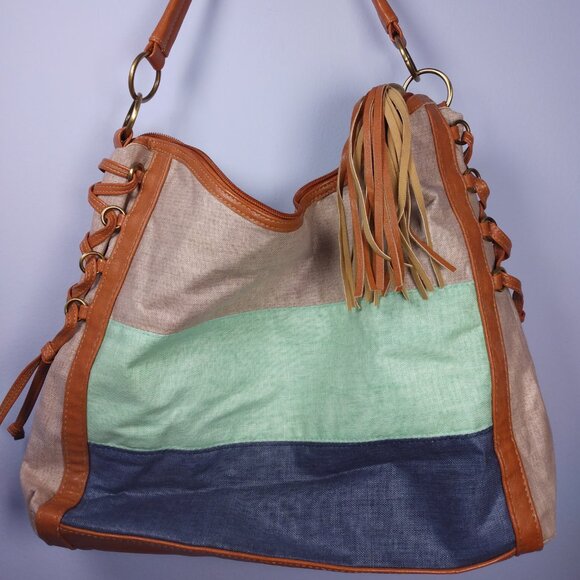 Twiggy London Shoulder Bag Cotton/Linen Vegan Leather Blue Green Beige *FLAWS* - Picture 1 of 16